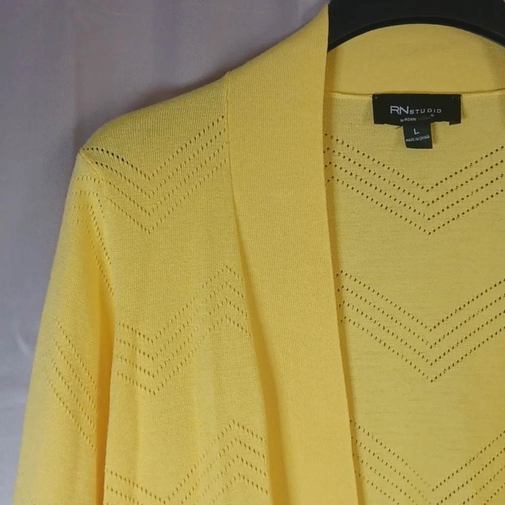 RN Studio Canary Happy Yellow Pointelle Open Front Cropped Cardigan Sweater